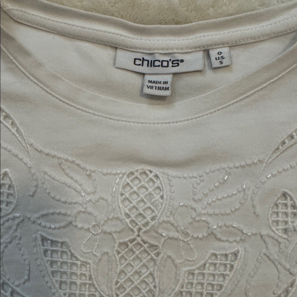 Chico's White Short-Sleeve Top with Crochet Yoke - Picture 3 of 4